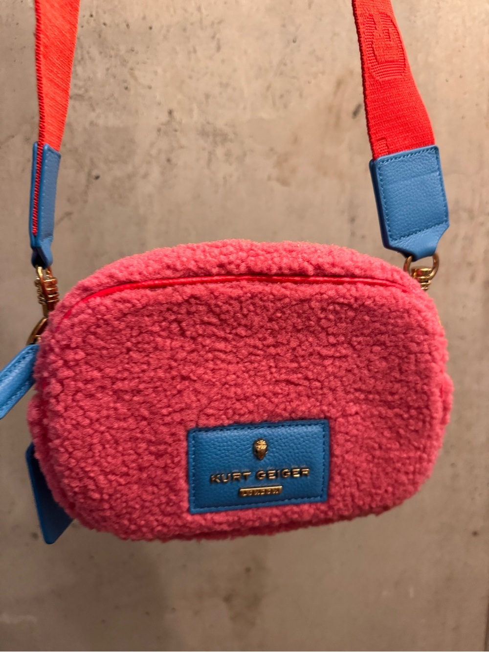 Kurt Geiger Pink Shearling Crossbody with Blue Leather Trim NWT